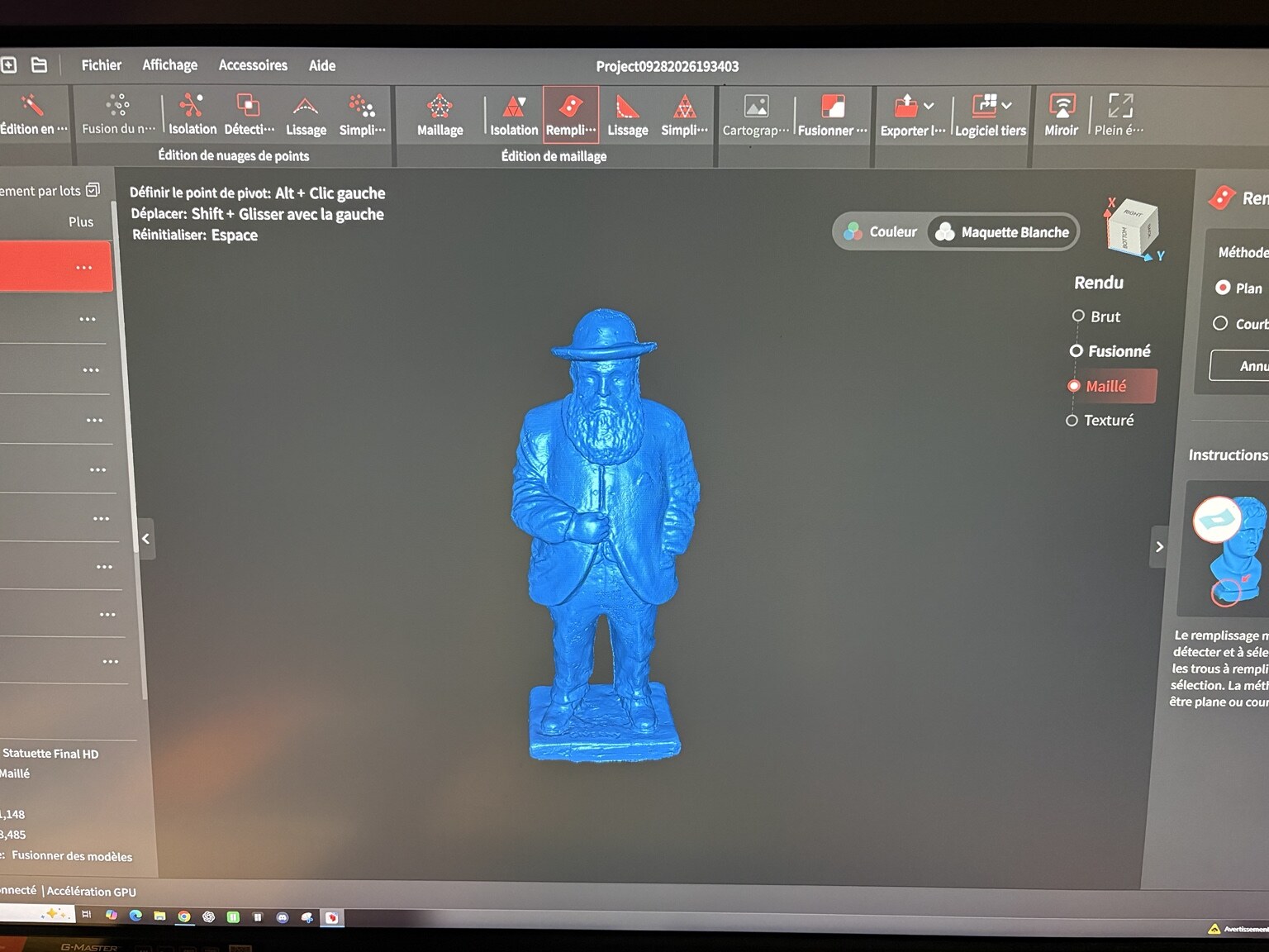 Maillage numérique de la statuette dans le logiciel de scan 3D